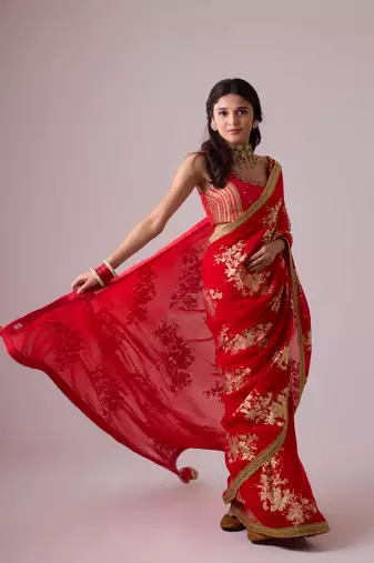 Red floral printed silk blend saree with embroidered blouse