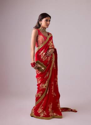 Red floral printed silk blend saree with embroidered blouse 4