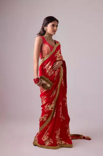 Red floral printed silk blend saree with embroidered blouse