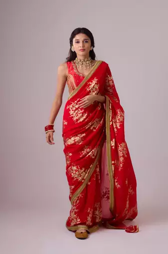 Red floral printed silk blend saree with embroidered blouse