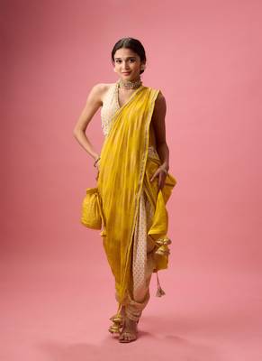 Yellow printed dhoti and saree 1