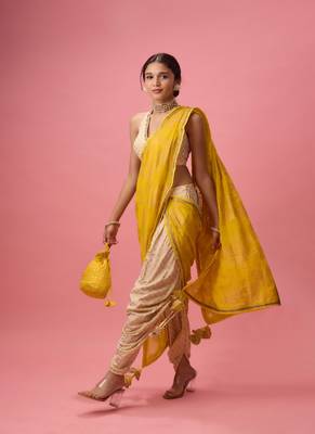 Yellow printed dhoti and saree 2
