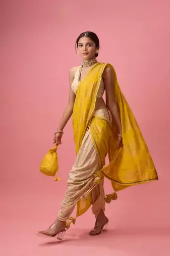 Yellow printed dhoti and saree