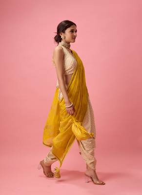 Yellow printed dhoti and saree 3