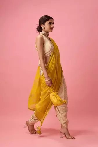 Yellow printed dhoti and saree