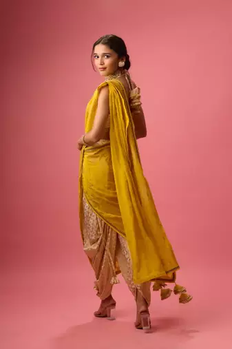 Yellow printed dhoti and saree