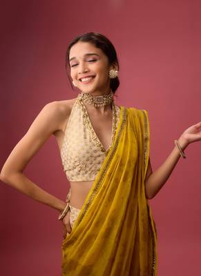 Yellow printed dhoti and saree 5