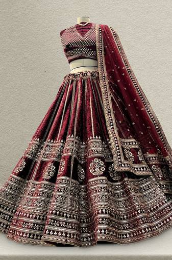 Royal Maroon Sabya Pattern Velvet Lehenga