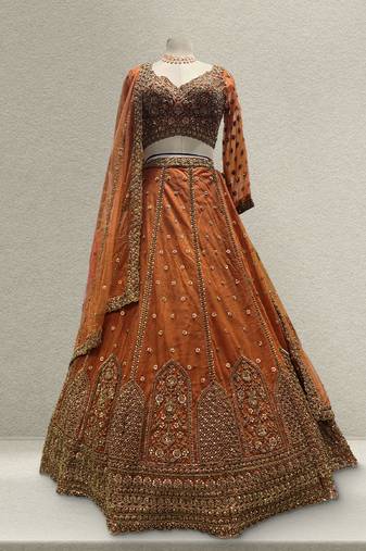 Rust Color Ready To Wear Cutdana Beads Handwork Lehenga Choli