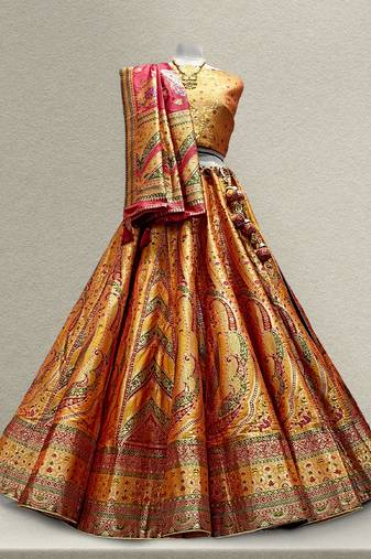 Mustard Flared Banarasi Woven Lehenga with Double Can Can
