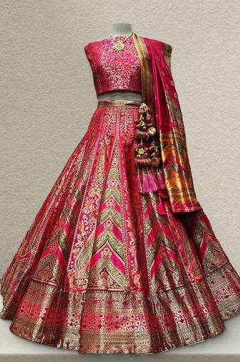 rani-pink Flared Banarasi Woven Lehenga with Double Can Can