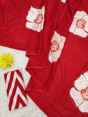 Red mulmul cotton block print saree with unstitched blouse piece 1