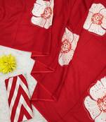 Red mulmul cotton block print saree with unstitched blouse piece
