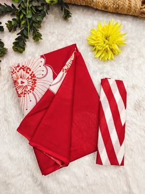 Red mulmul cotton block print saree with unstitched blouse piece 2