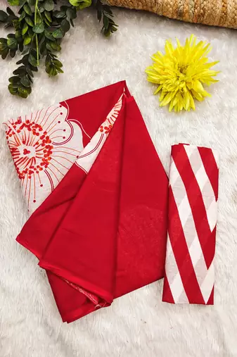 Red mulmul cotton block print saree with unstitched blouse piece