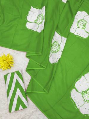Green mulmul cotton block print saree with unstitched blouse piece 1