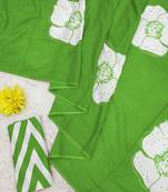 Green mulmul cotton block print saree with unstitched blouse piece
