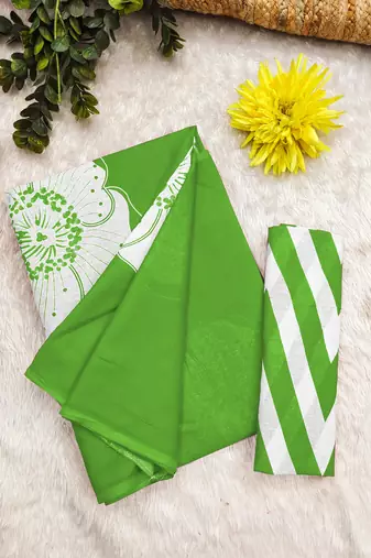 Green mulmul cotton block print saree with unstitched blouse piece