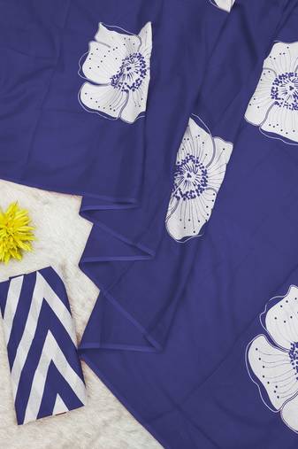Blue mulmul cotton block print saree with unstitched blouse piece
