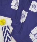 Blue mulmul cotton block print saree with unstitched blouse piece