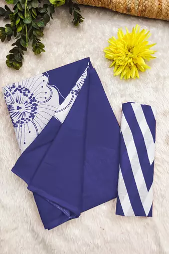 Blue mulmul cotton block print saree with unstitched blouse piece