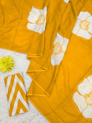 Yellow mulmul cotton block print saree with unstitched blouse piece 1