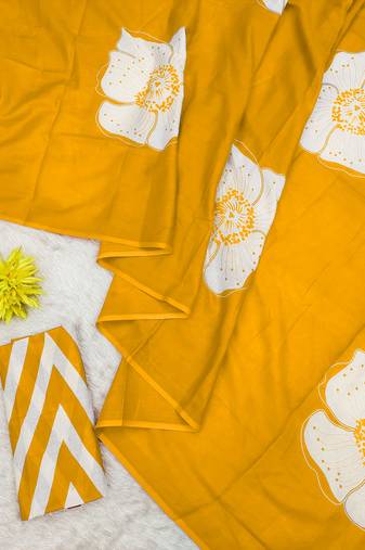 Yellow mulmul cotton block print saree with unstitched blouse piece