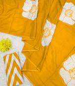 Yellow mulmul cotton block print saree with unstitched blouse piece