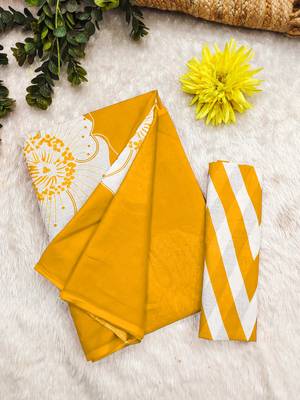 Yellow mulmul cotton block print saree with unstitched blouse piece 2