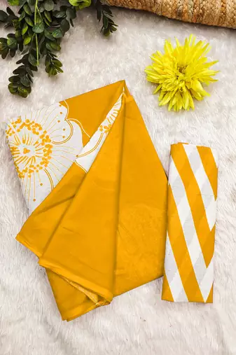 Yellow mulmul cotton block print saree with unstitched blouse piece