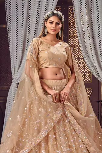 Beige Embroidered Stone Work Net Lehenga choli