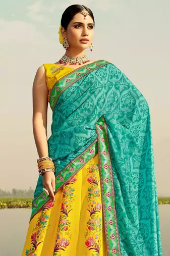 Yellow Printed Stone Work Art Silk Lehenga choli