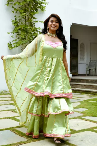 Olive green gotta patti satin sharara suit set