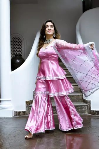 Jhilmil purple pink gotta patti satin sharara suit set