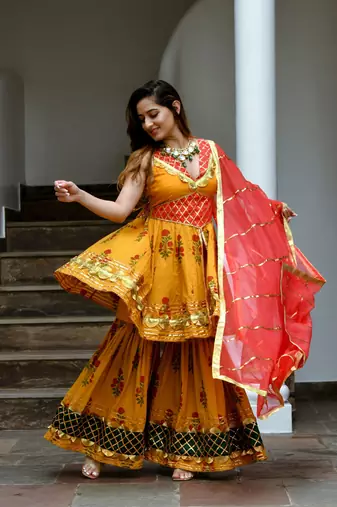 Noorjahan hand block gotta patti cotton sharara suit set
