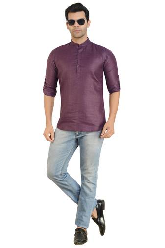 Purple Linen Plain Full Sleeve short Kurta for mens