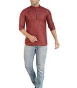 Maroon Linen Plain Full Sleeve short Kurta for mens