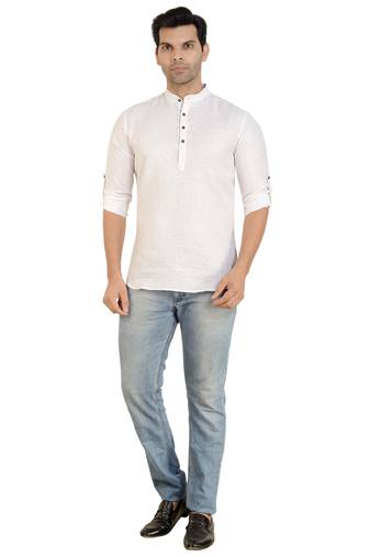 White Linen Plain Full Sleeve short Kurta for mens