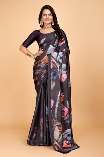 Pure black digital print georgette saree with blouse