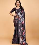 Pure black digital print georgette saree with blouse