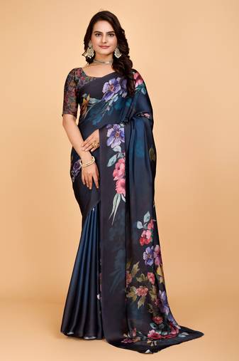 Petrol blue digital print georgette saree with blouse