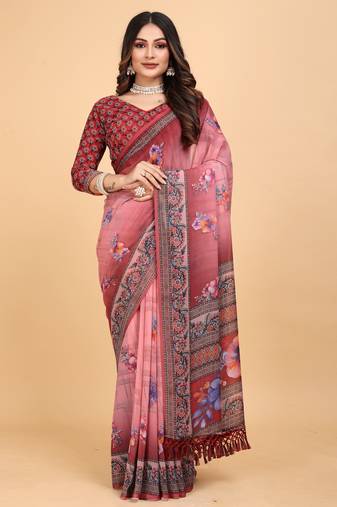 Gajri pink digital print weightless saree with blouse