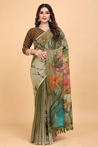 Green digital print weightless saree with blouse