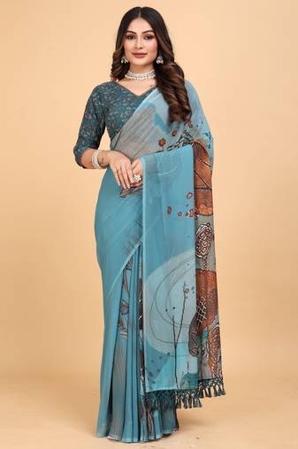 Rama blue digital print weightless saree with blouse