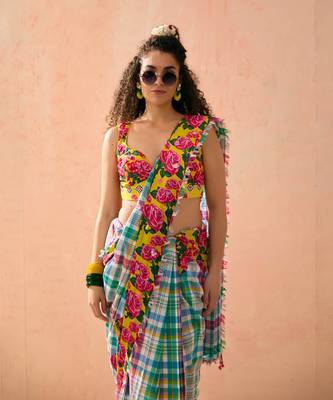 Multicolor floral printed cotton saree with blouse 1