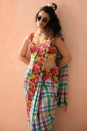 Multicolor floral printed cotton saree with blouse