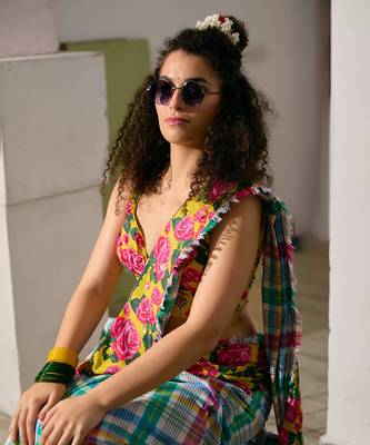 Multicolor floral printed cotton saree with blouse 3