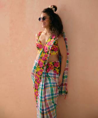 Multicolor floral printed cotton saree with blouse 4