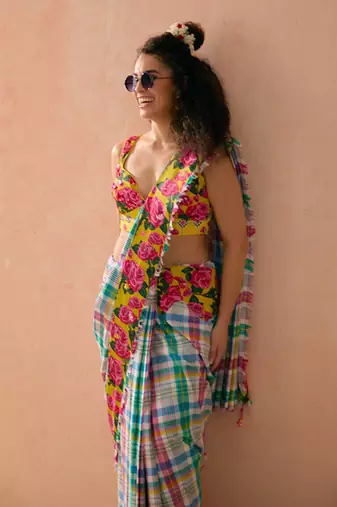 Multicolor floral printed cotton saree with blouse