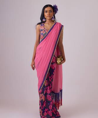 Pink georgette printed saree with embroidered blouse 1